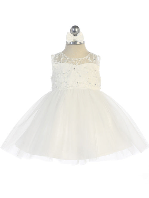 Elegant Ivory Baby Dress with Floral Lace and Tulle Skirt 6M-24M